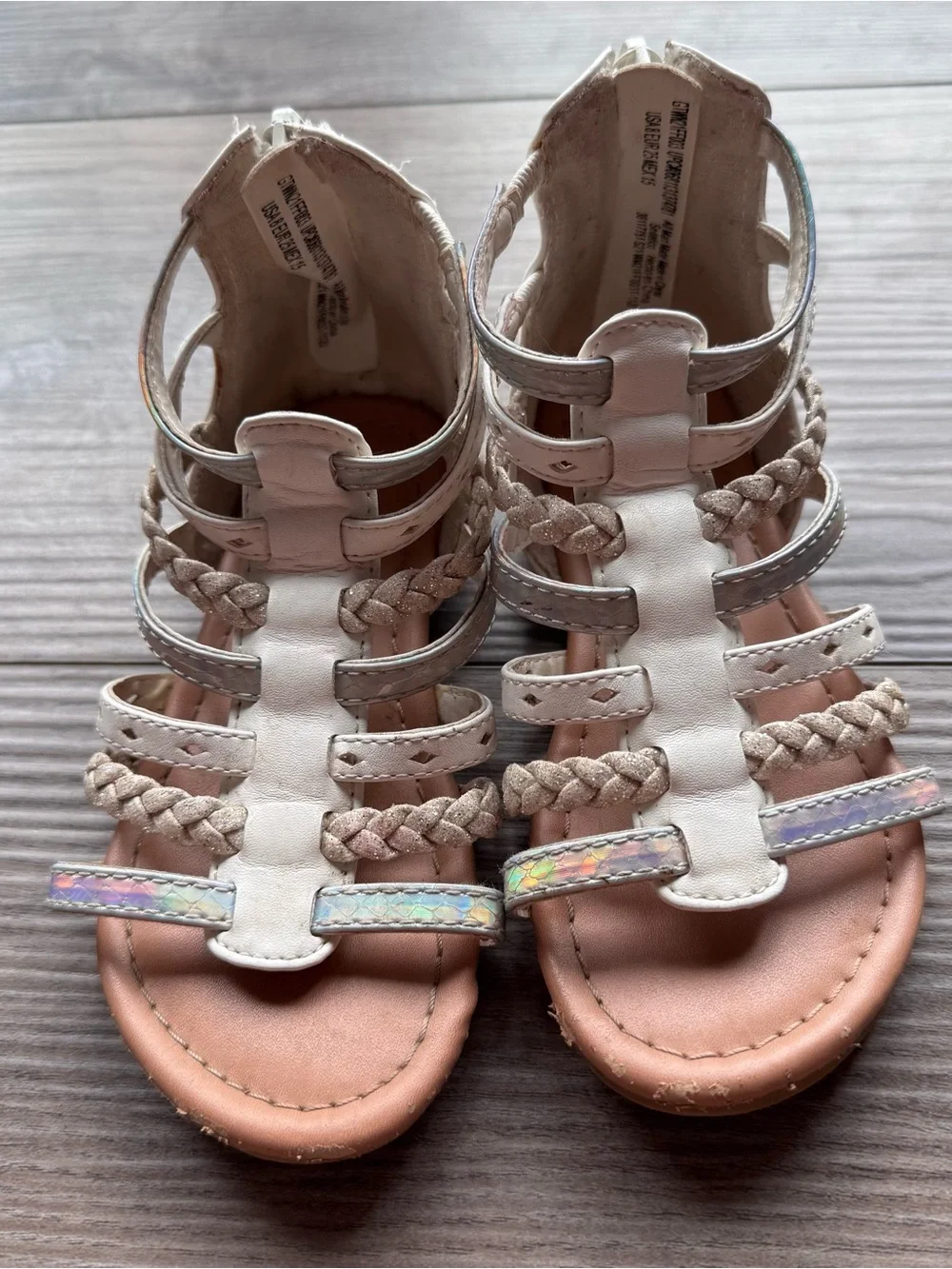 Girls White Braided Gladiator Sandals with Pink Footbed